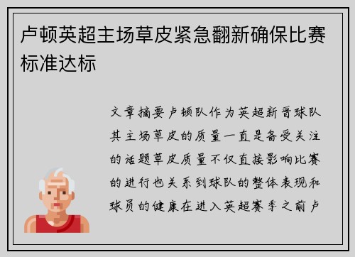 卢顿英超主场草皮紧急翻新确保比赛标准达标 卢顿英超主场草皮紧急翻新确保比赛标准达标