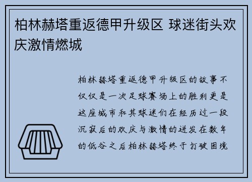 柏林赫塔重返德甲升级区 球迷街头欢庆激情燃城 柏林赫塔重返德甲升级区 球迷街头欢庆激情燃城